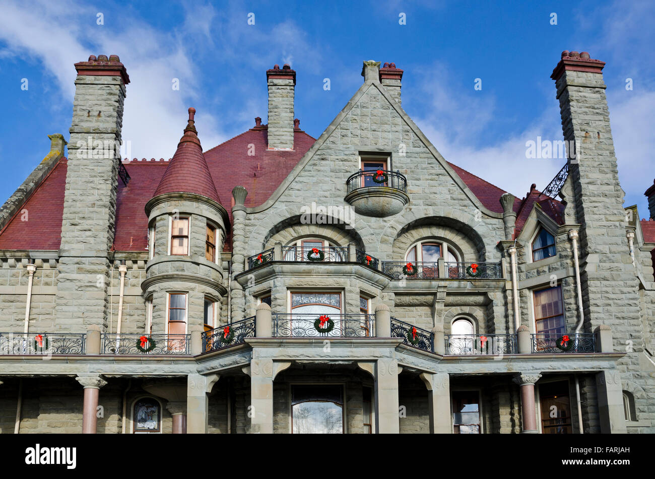 Exterior detail on upper floor of Craigdarroch Castle in Victoria, BC, Canada. Victorian architecture, National Historic Site. Stock Photo