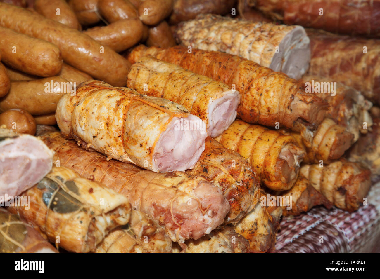 Sausage, bacon, ham, sausage on the counter Stock Photo