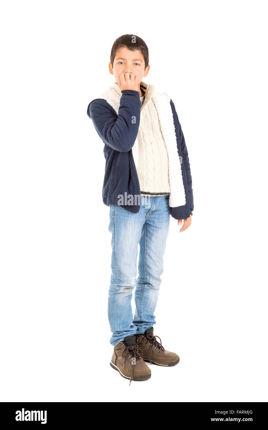 Scared young boy isolated in white Stock Photo