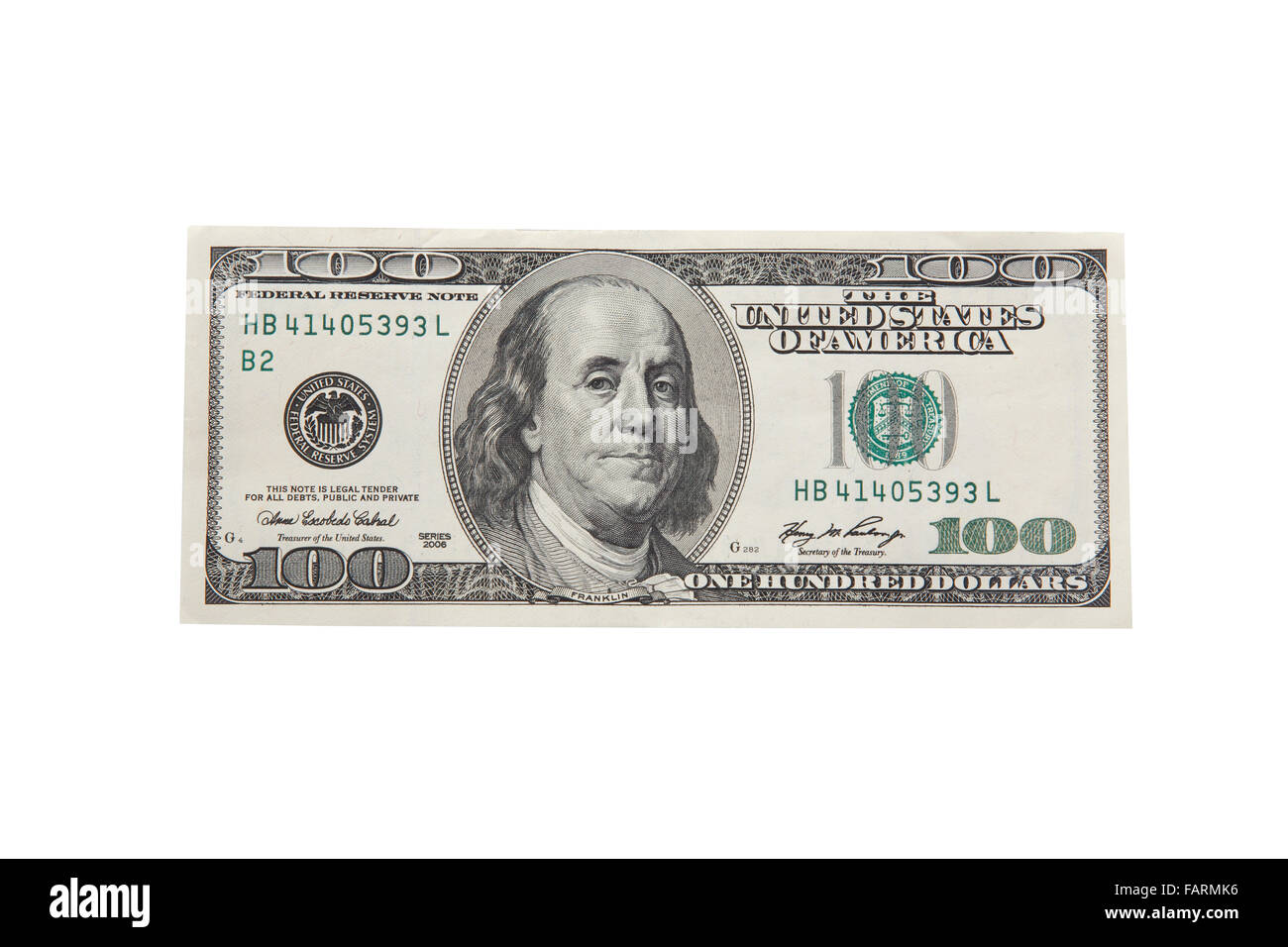 Back design of hundred dollar banknote,isolated on white with clipping path. Stock Photo