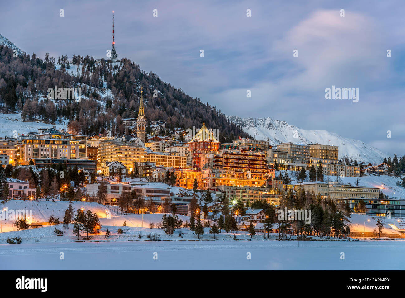 Night image of St.Moritz Village and Lake St.Moritz, Switzerland Stock