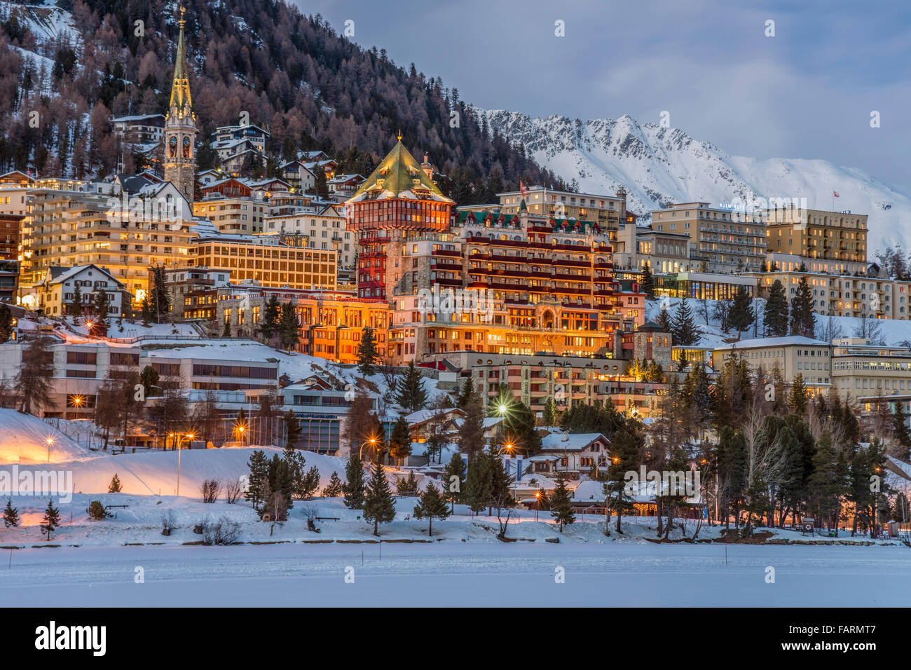 Night image of St.Moritz Village and Lake St.Moritz, Switzerland Stock Photo