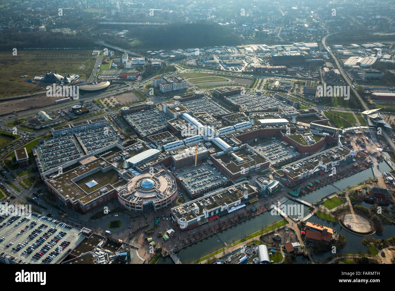 Aerial view, shopping mall CentrO Oberhausen, shopping mall, largest shopping and leisure center in Europe, Stock Photo