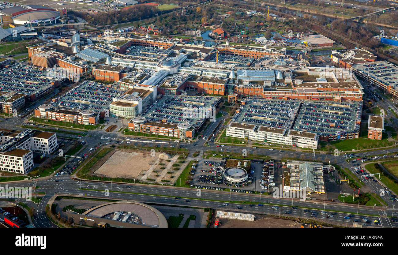 Aerial view, shopping mall CentrO Oberhausen, shopping mall, largest shopping and leisure center in Europe, Stock Photo