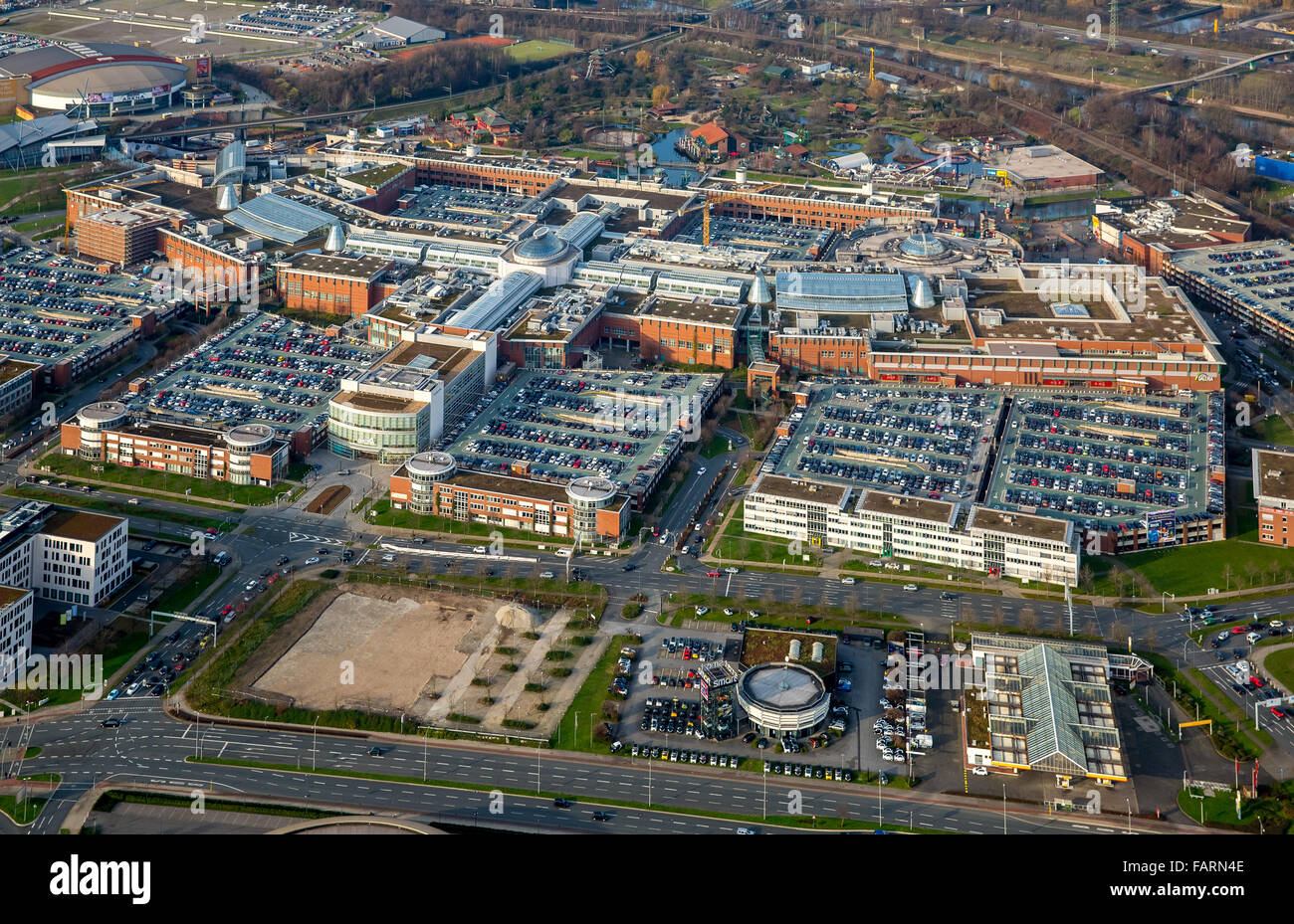 Aerial view, shopping mall CentrO Oberhausen, shopping mall, largest shopping and leisure center in Europe, Stock Photo