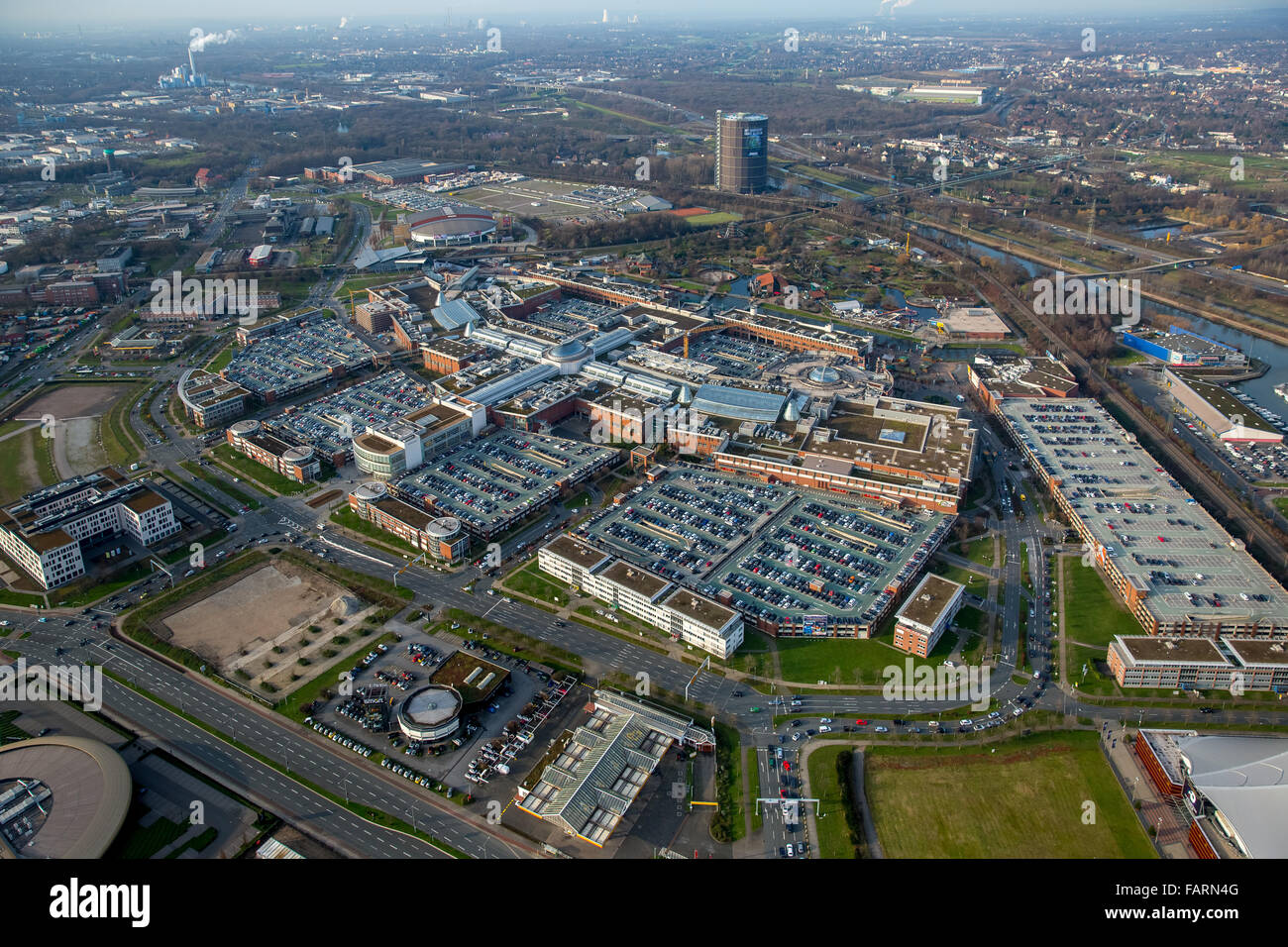 Aerial view, shopping mall CentrO Oberhausen, shopping mall, largest shopping and leisure center in Europe, Stock Photo