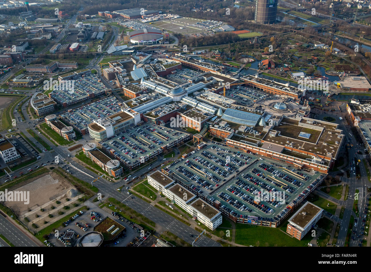 Aerial view, shopping mall CentrO Oberhausen, shopping mall, largest shopping and leisure center in Europe, Stock Photo