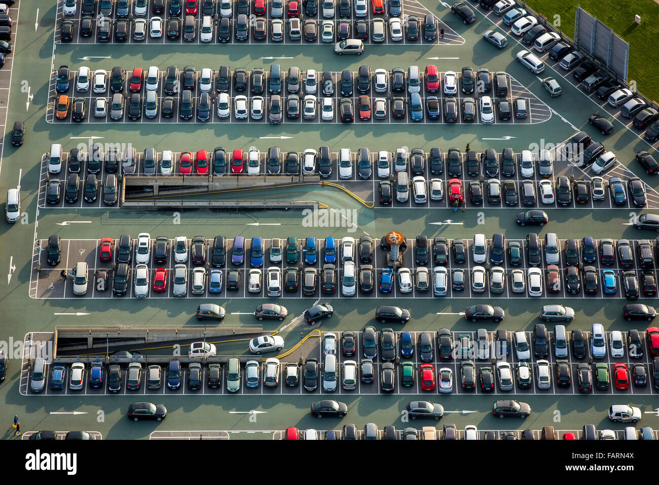 Aerial view, parking, car parks, shopping mall CentrO Oberhausen, shopping mall, largest shopping and leisure center in Europe, Stock Photo