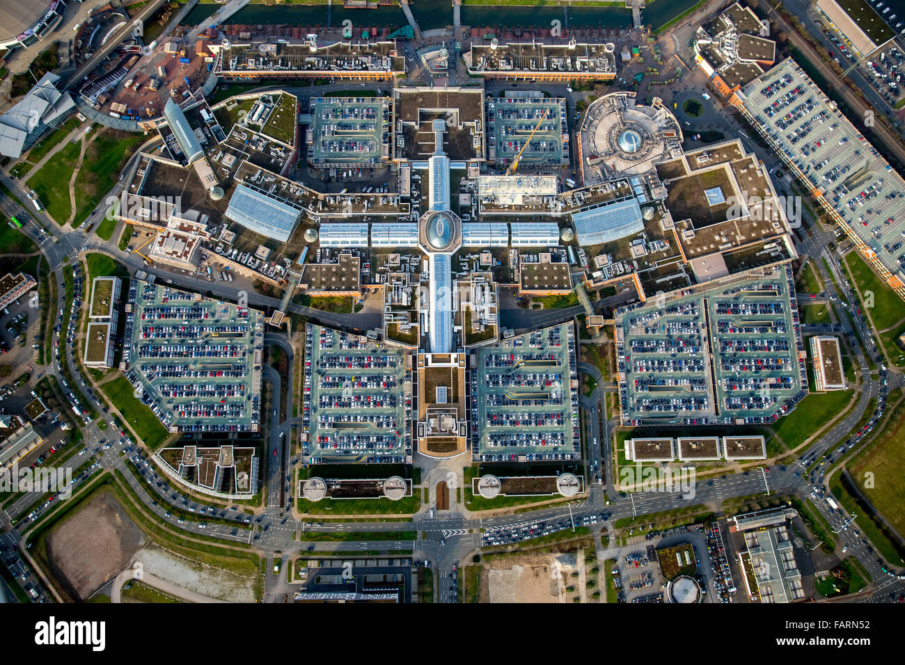 Aerial view, shopping mall CentrO Oberhausen, shopping mall, largest shopping and leisure center in Europe, Stock Photo