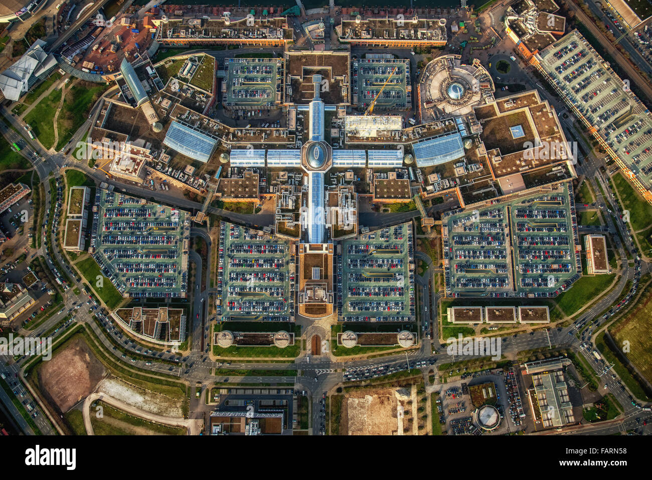 Aerial view, shopping mall CentrO Oberhausen, shopping mall, largest shopping and leisure center in Europe, Stock Photo