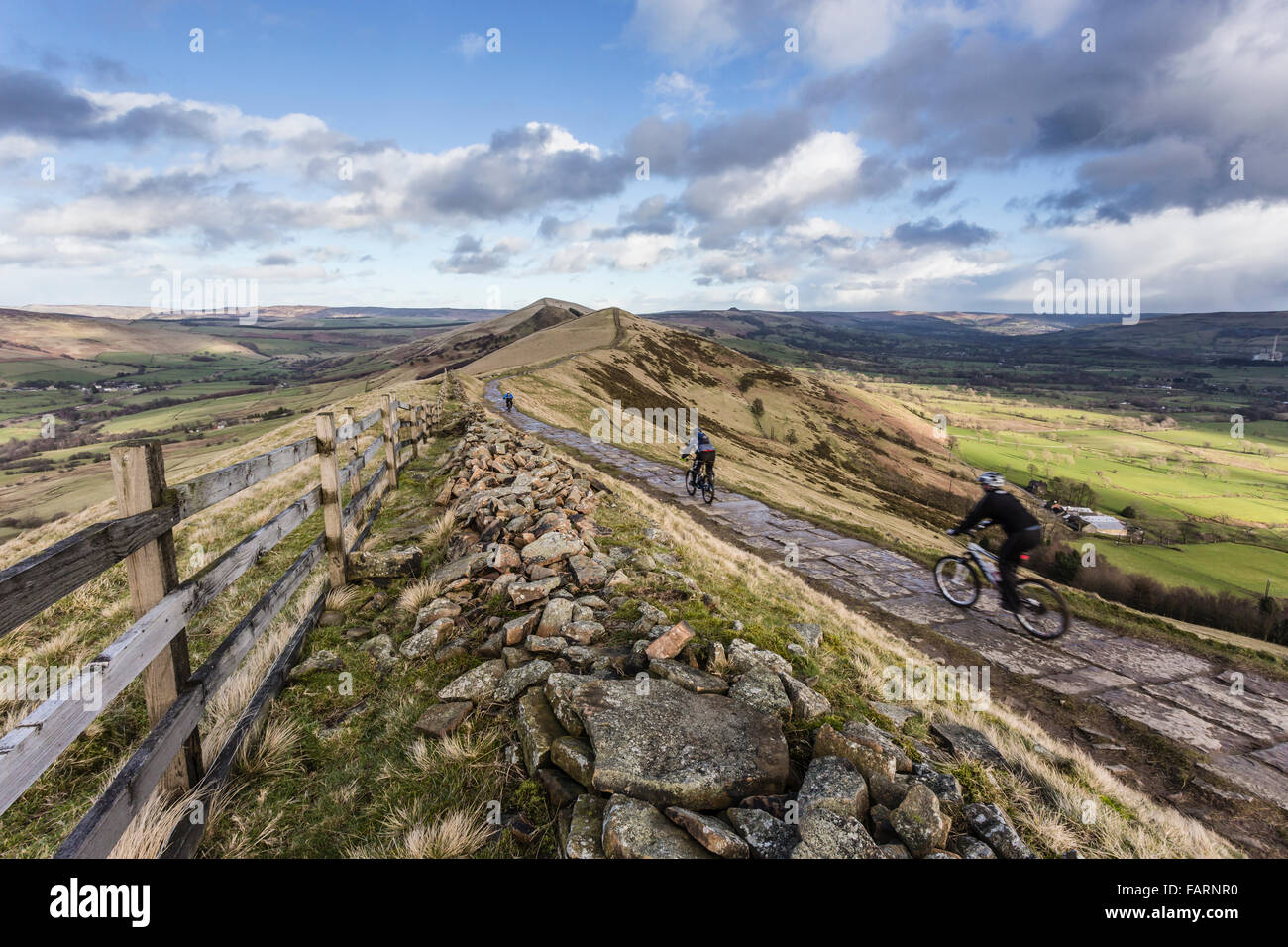 Mountain bikers enjoying the route along the Great Ridge from Mam Tor ...