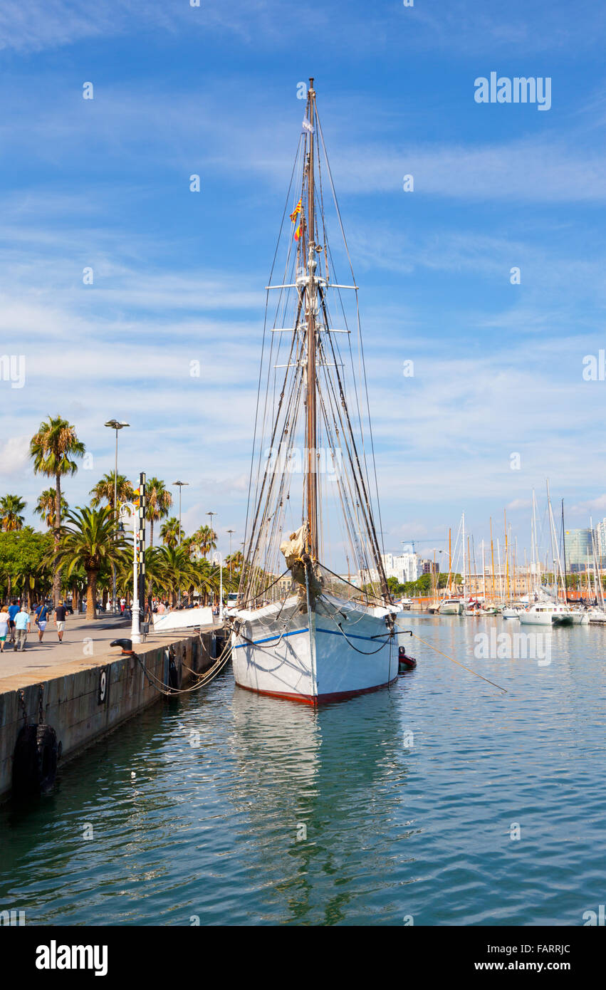 white yacht at the mooring in the port of Barcelona Stock Photo