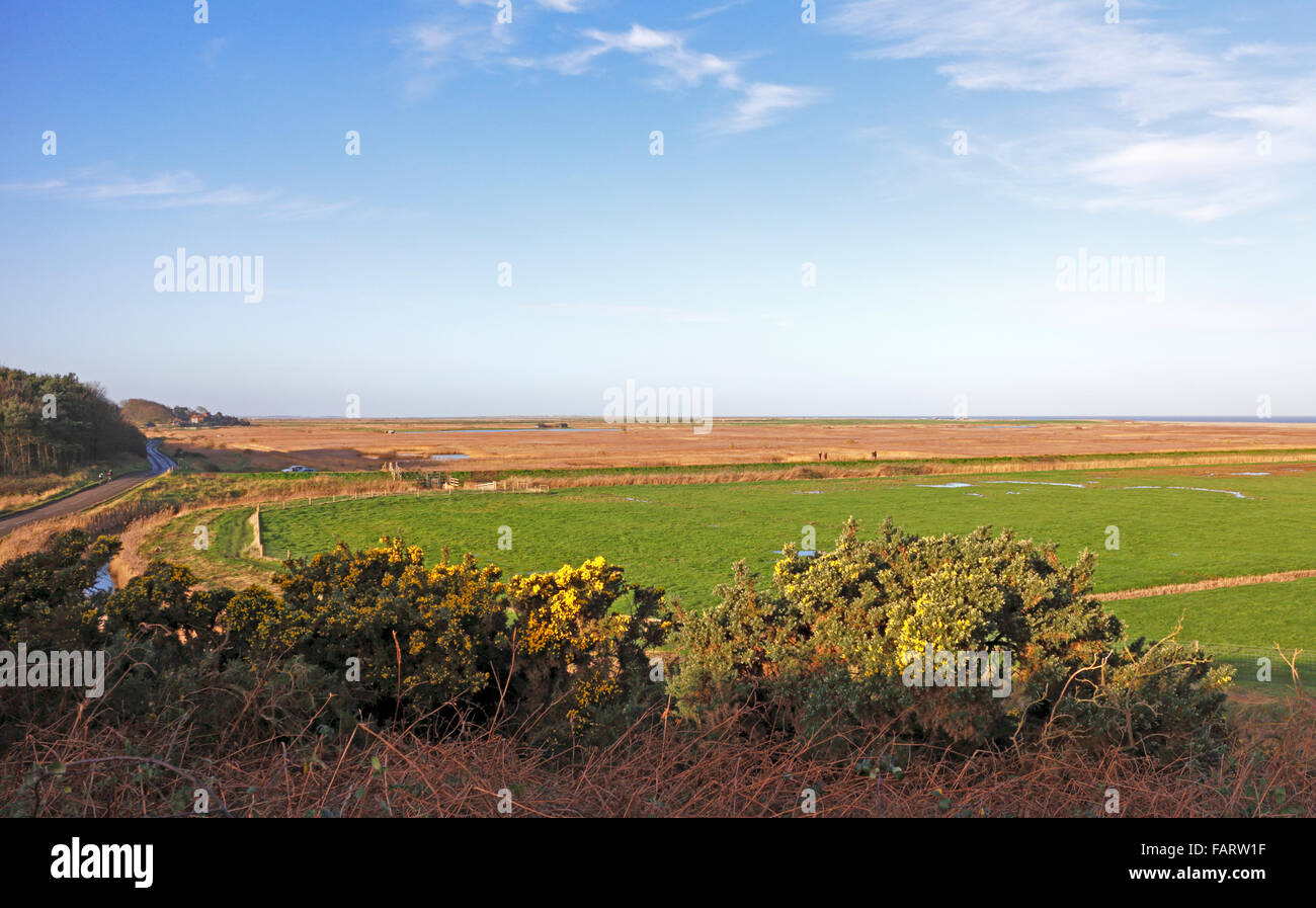 A view of Salthouse Marshes and Cley Nature Reserve from Walsey Hills, Salthouse, Norfolk, England, United Kingdom. Stock Photo