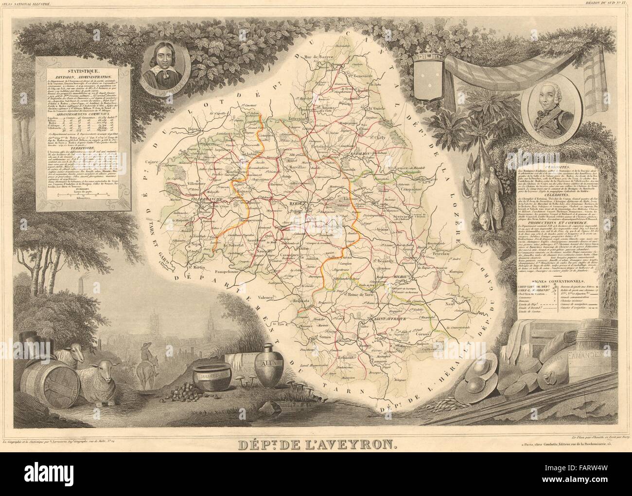 Département de l'AVEYRON. Decorative antique map/carte by Victor LEVASSEUR 1852 Stock Photo
