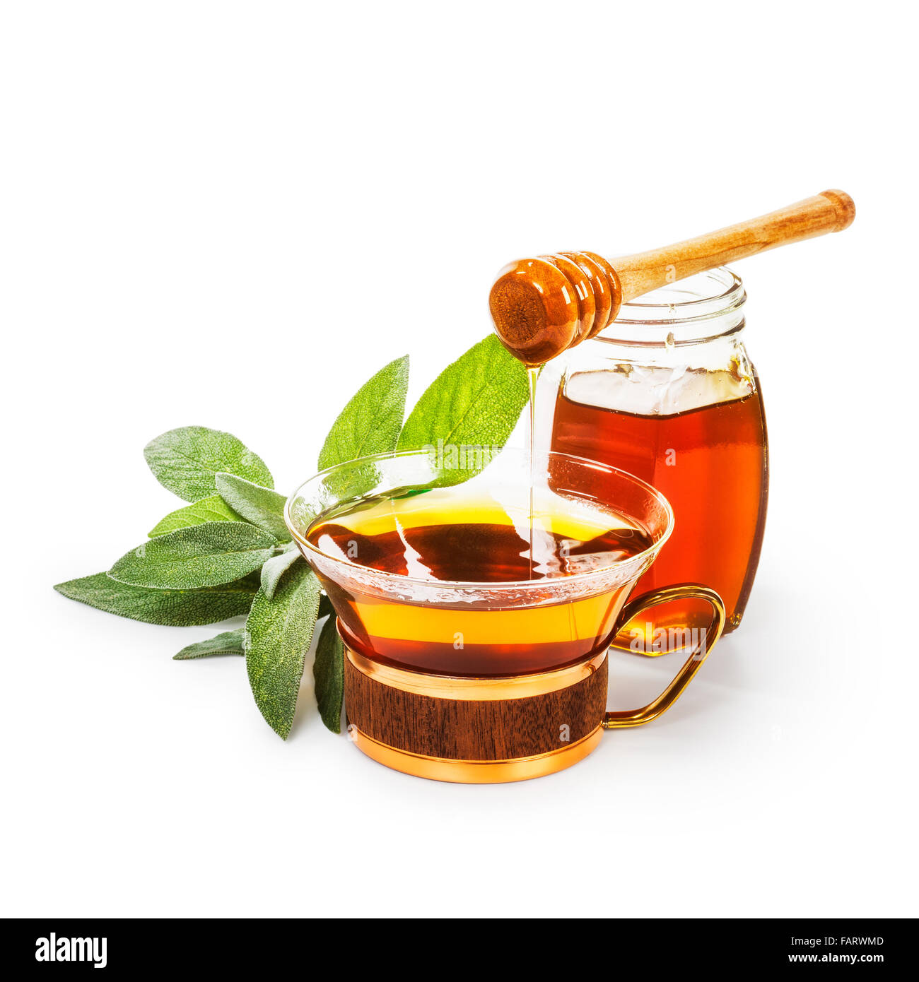 Sage tea with honey. Herbal medicine. Group of objects isolated on white background clipping path included Stock Photo