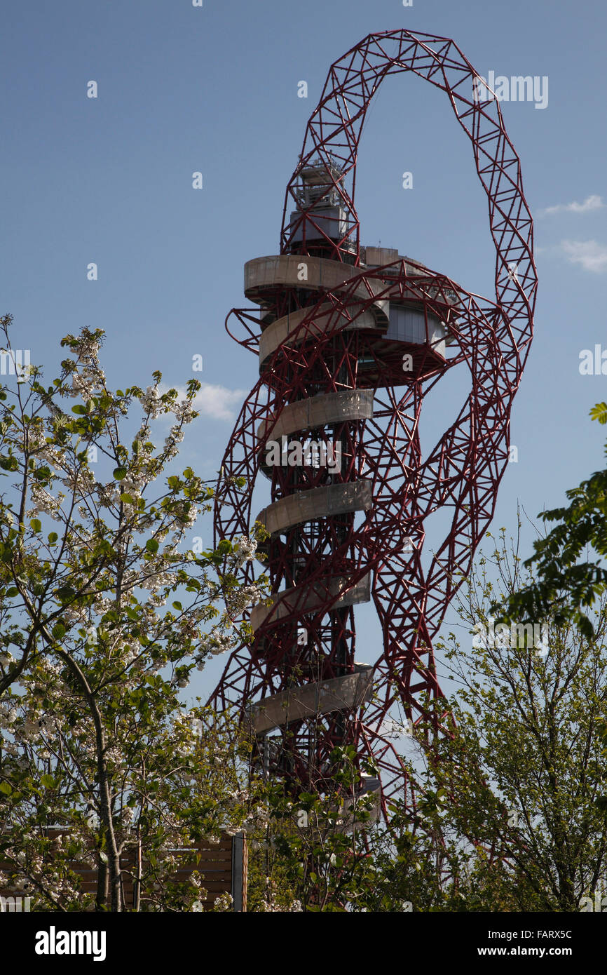 Arcelor Mittal Orbit through the blossom. Stock Photo