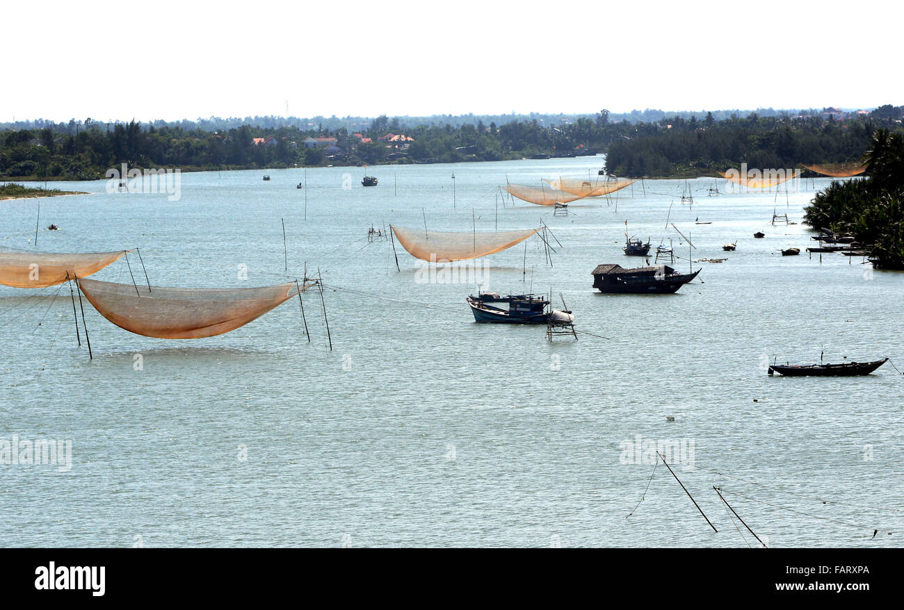 fishing nets boats huge fish estuary song thu bon Stock Photo Alamy