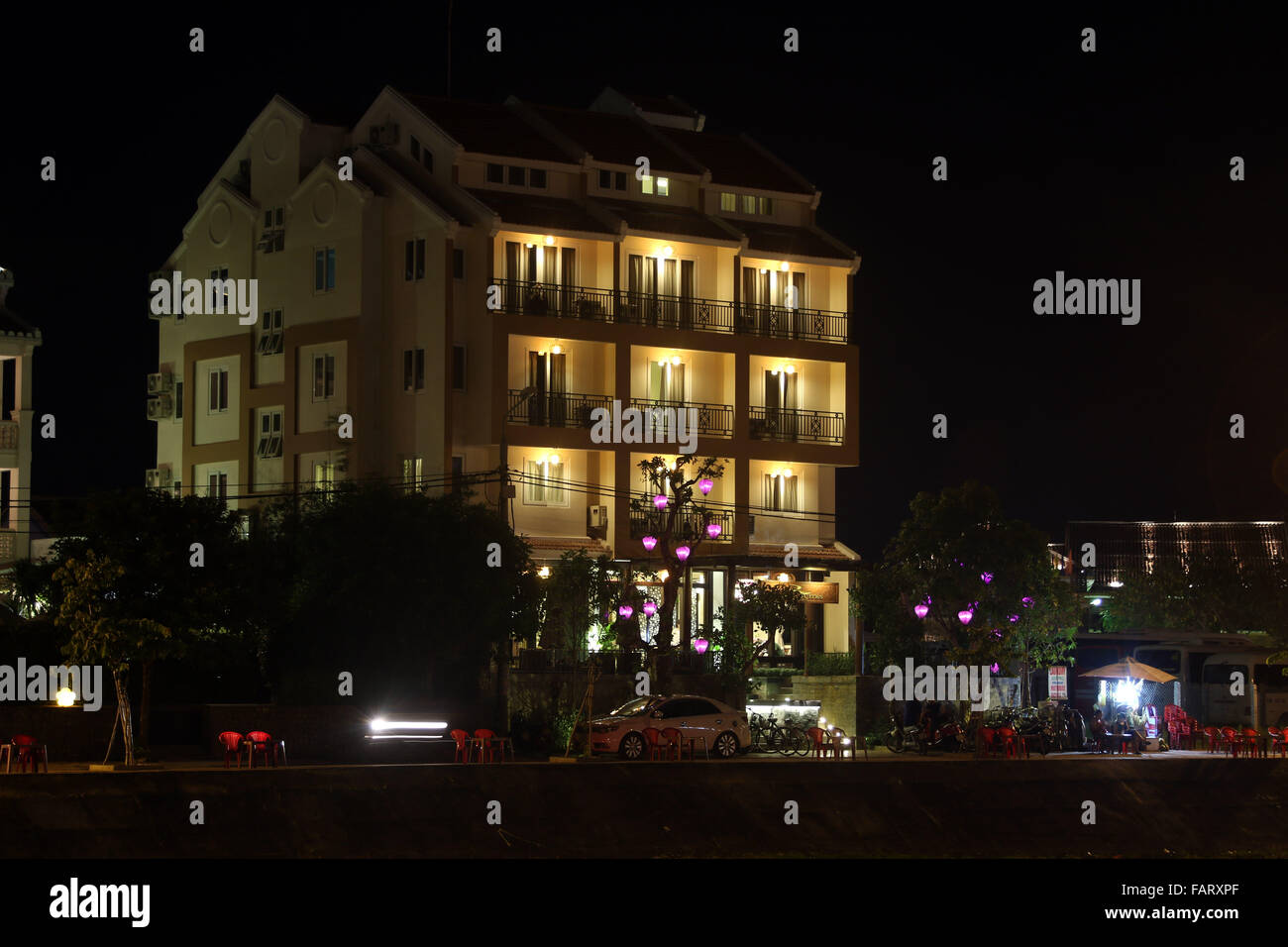 Hoi An lantern hotel balcony night evening Stock Photo