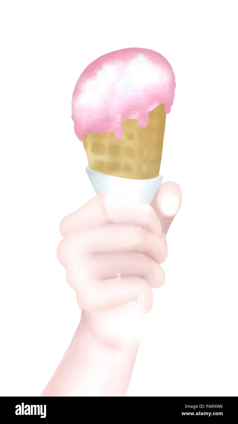 Hand Drawing, Close Up The Scoop of Strawberry Ice Cream in Waffle Cone ...