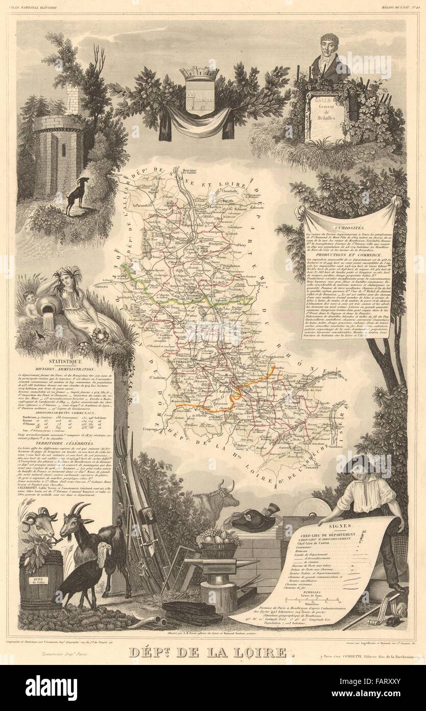 Département de la LOIRE. Decorative antique map/carte by Victor LEVASSEUR 1852 Stock Photo