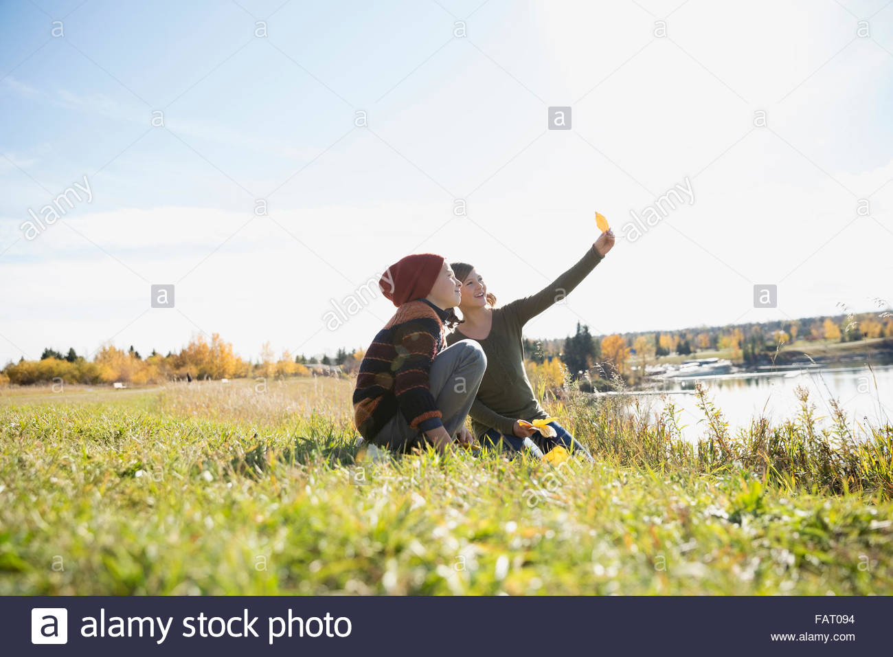 Brother and sister looking at autumn leaves in sunny field Stock Photo ...
