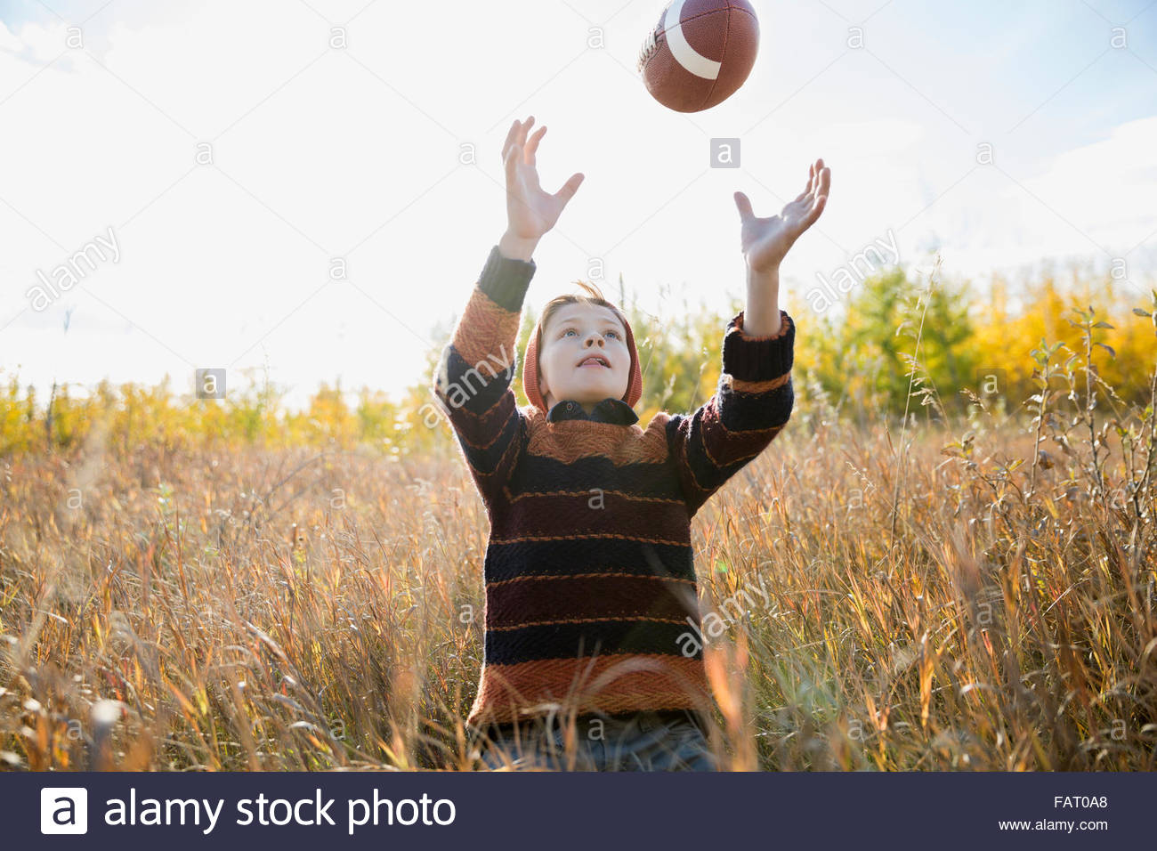 Boy catching ball in sunny field Stock Photo
