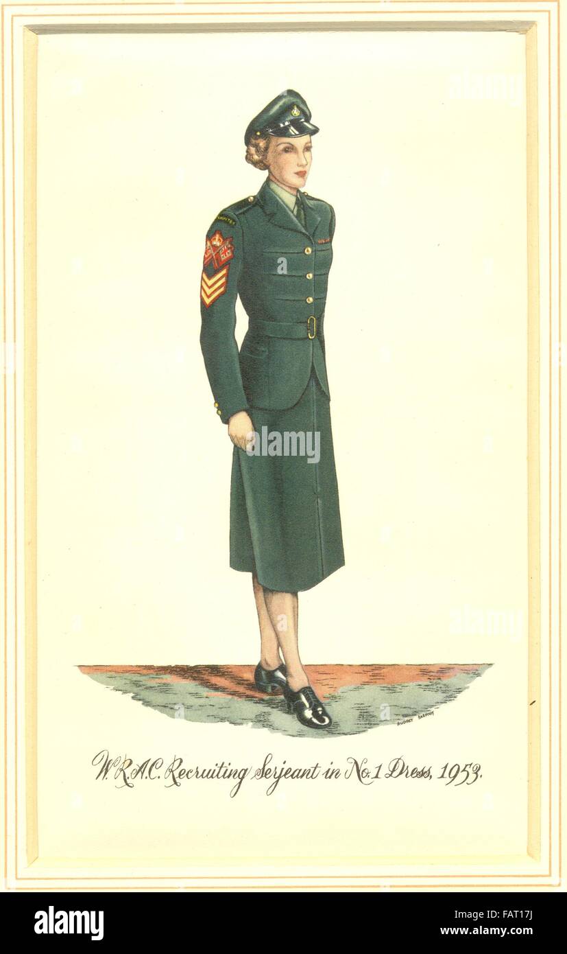 Fashion plate showing Womens Royal Army Corps Recruiting Serjeant in No. 1 Dress, 1953.     Designed by Hardy Amies. Stock Photo