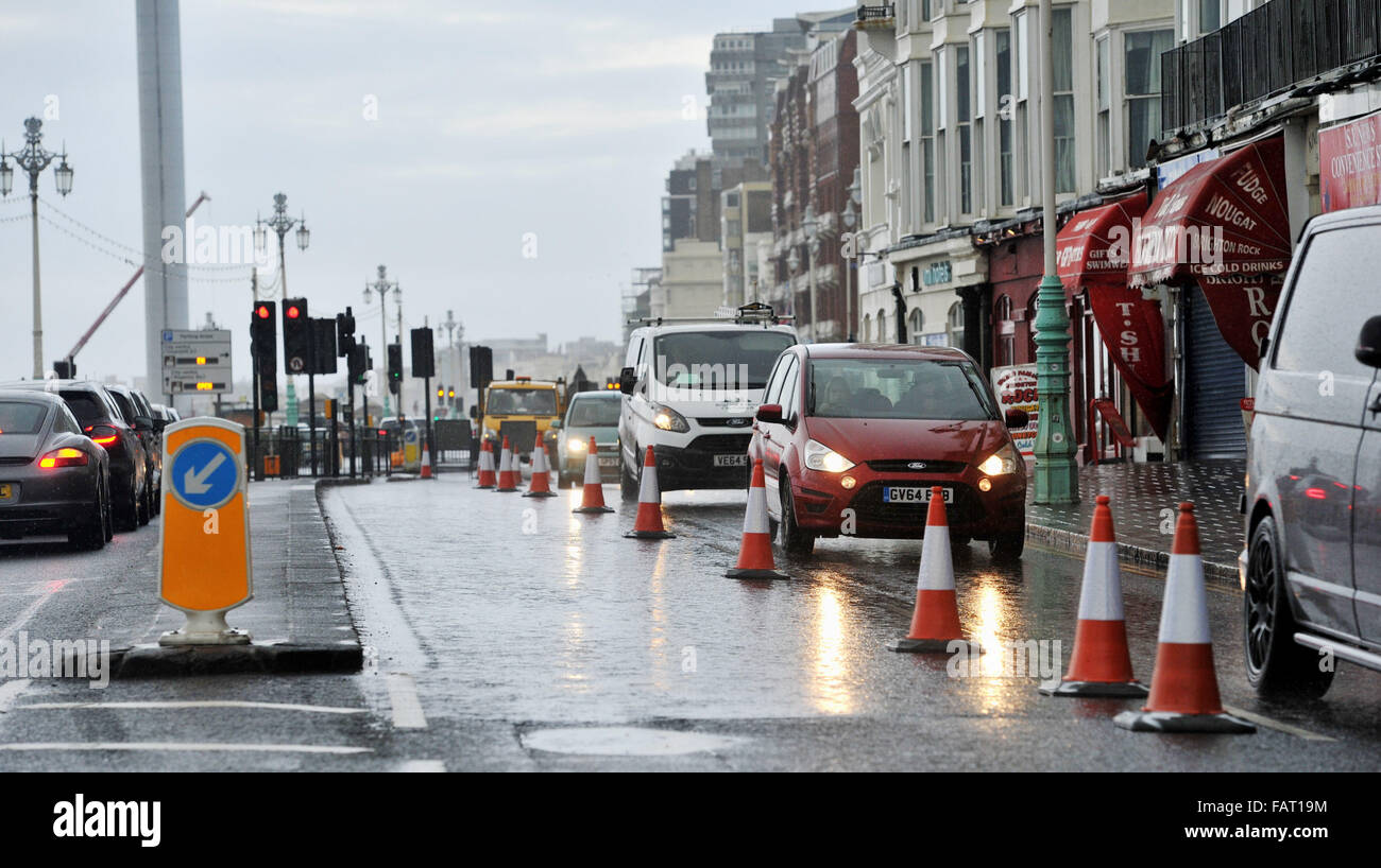 Brighton Sussex UK 4th January 2016  - Traffic cones are out as the roadworks started today on the A259 seafront road by the junction of West Street . The work which is expected to take 2 years will also involve the restoration of the seafront shelter hall Photograph taken by Simon Dack Stock Photo