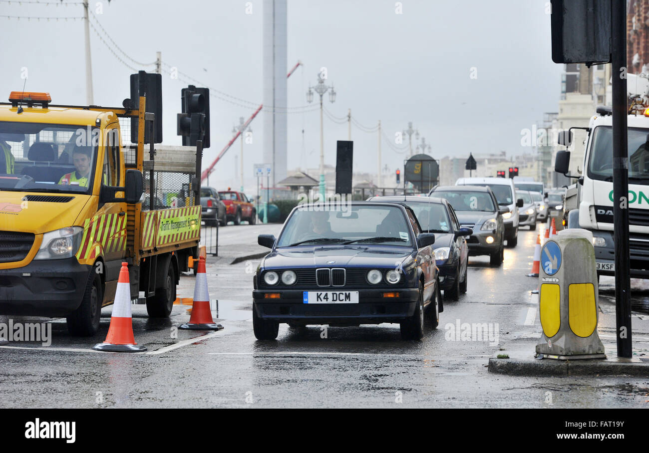 Brighton Sussex UK 4th January 2016  - Traffic cones are out as the roadworks started today on the A259 seafront road by the junction of West Street . The work which is expected to take 2 years will also involve the restoration of the seafront shelter hall Photograph taken by Simon Dack Stock Photo