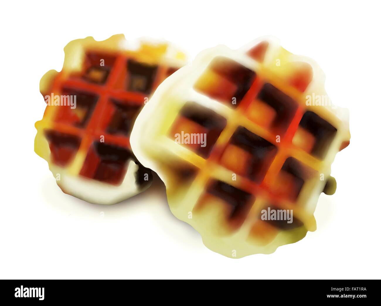 Hand Drawing of Two Golden Brown Homemade Belgian Waffles, Still Warm from The Waffle Iron Stock