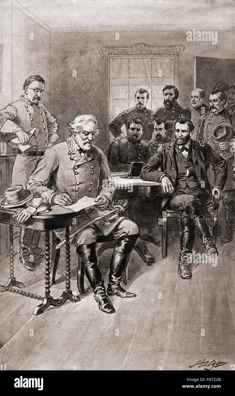 Surrender of Robert E. Lee to General Ulysses S. Grant, Appomattox Court House,Virginia, on April 9, 1865, thus ending the American Civil War. Stock Photo