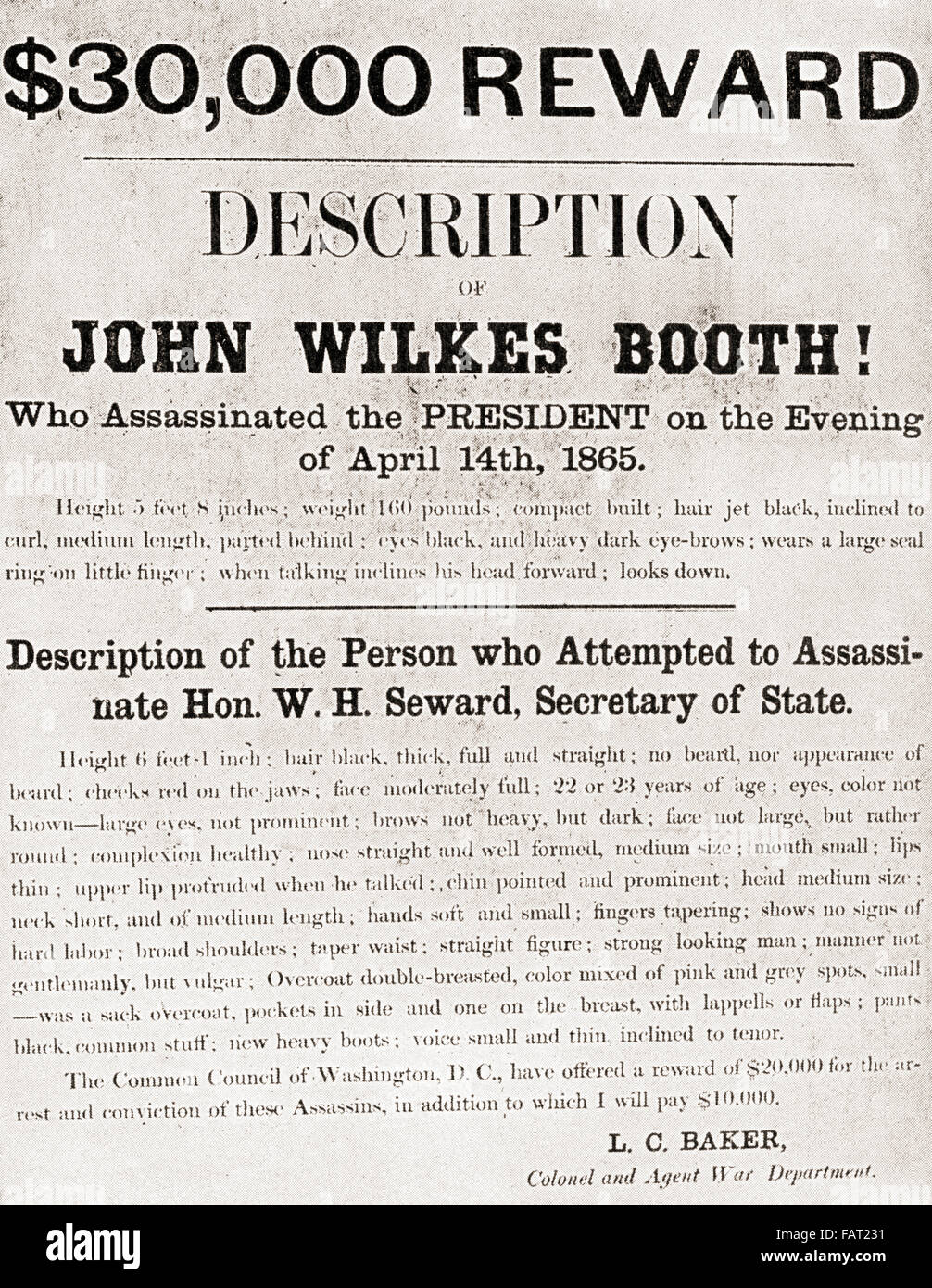 Poster offering a $30,000 reward for the arrest of John Wilkes Booth, the man who assassinated President Abraham Lincoln at Ford's Theatre, in Washington, D.C., on April 14, 1865. Stock Photo