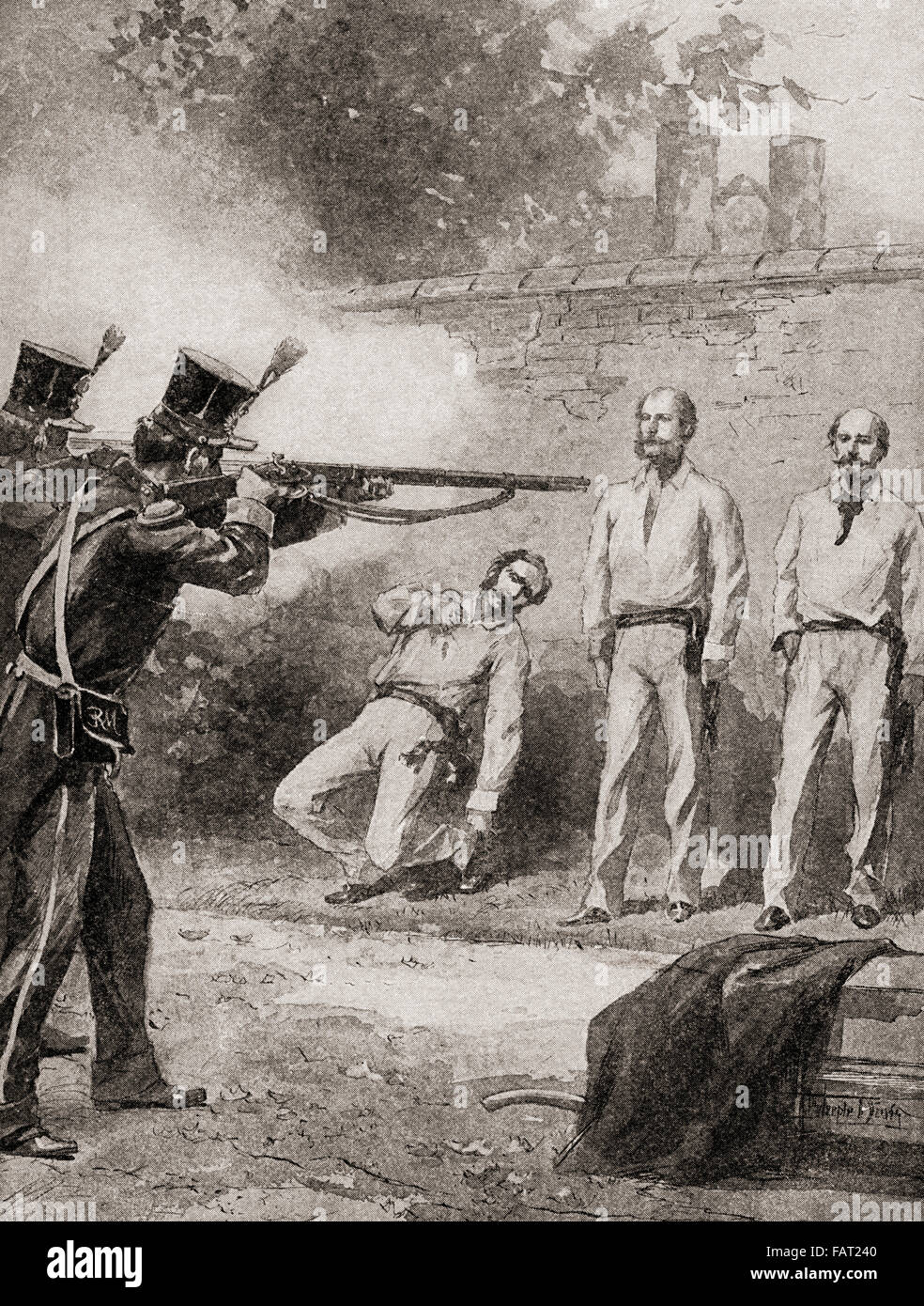 The execution, by firing squad, of Maximilian I in 1867.  Maximilian I, born Ferdinand Maximilian Joseph, 1832 –  1867.  Only monarch of the Second Mexican Empire.  From The History of our Country, published1900. Stock Photo