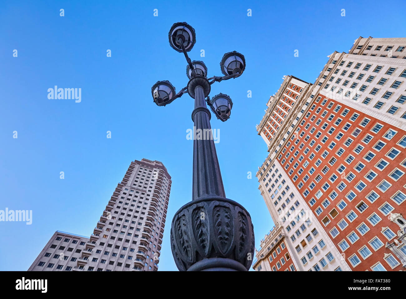 Low angle view of Spain Square buildings. Madrid, Spain. Stock Photo