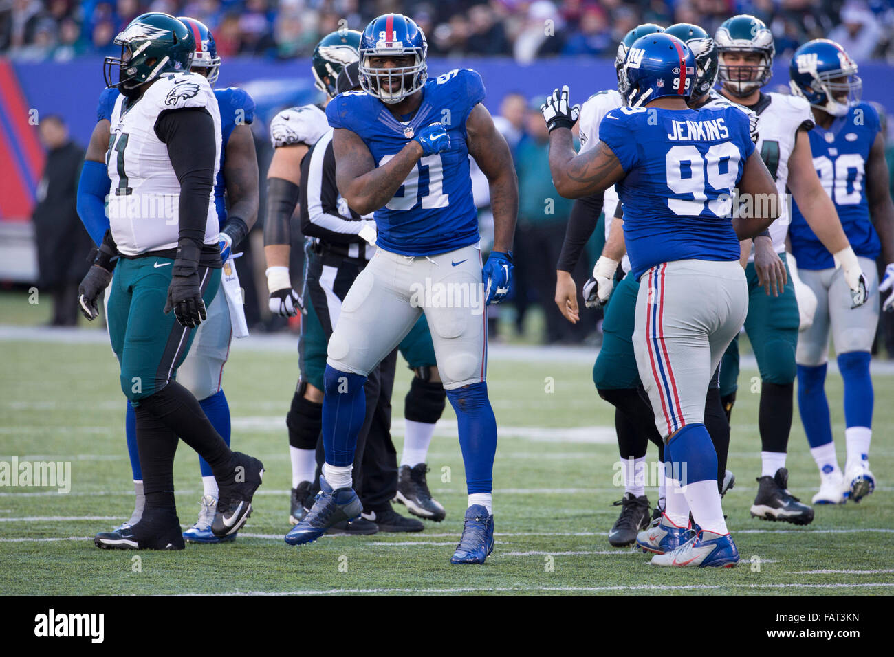 East Rutherford, New Jersey, USA. 3rd Jan, 2016. New York Giants defensive end Robert Ayers (91) reacts to his sack during the NFL game between the Philadelphia Eagles and the New York Giants at MetLife Stadium in East Rutherford, New Jersey. The Philadelphia Eagles won 35-30. Christopher Szagola/CSM/Alamy Live News Stock Photo