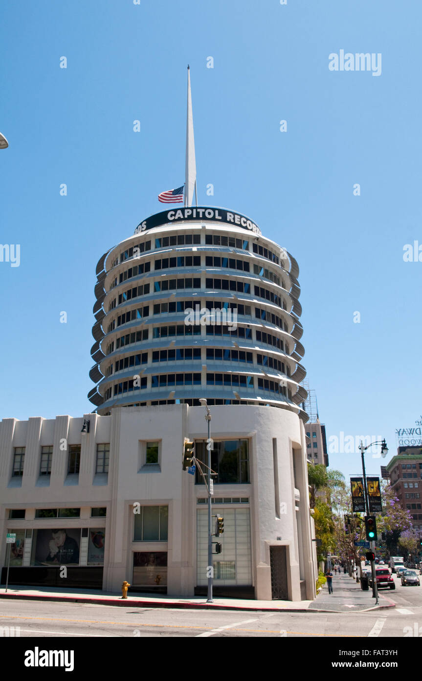 The Capitol Records Building, also known as Capitol Records Tower, in Hollywood, Los Angeles, California Stock Photo