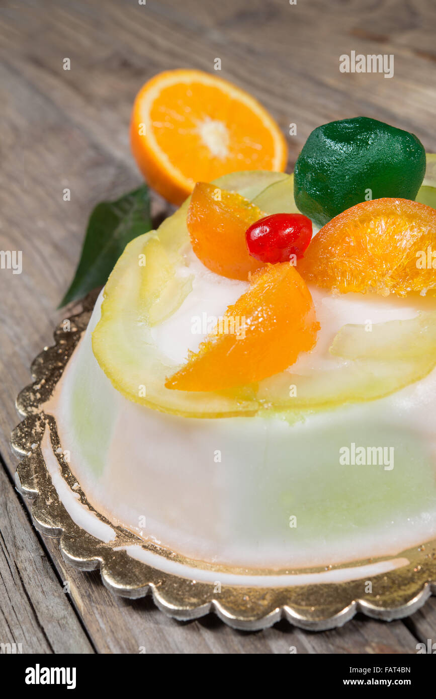 cake typical Sicilian cassata with ricotta and candied fruit Stock
