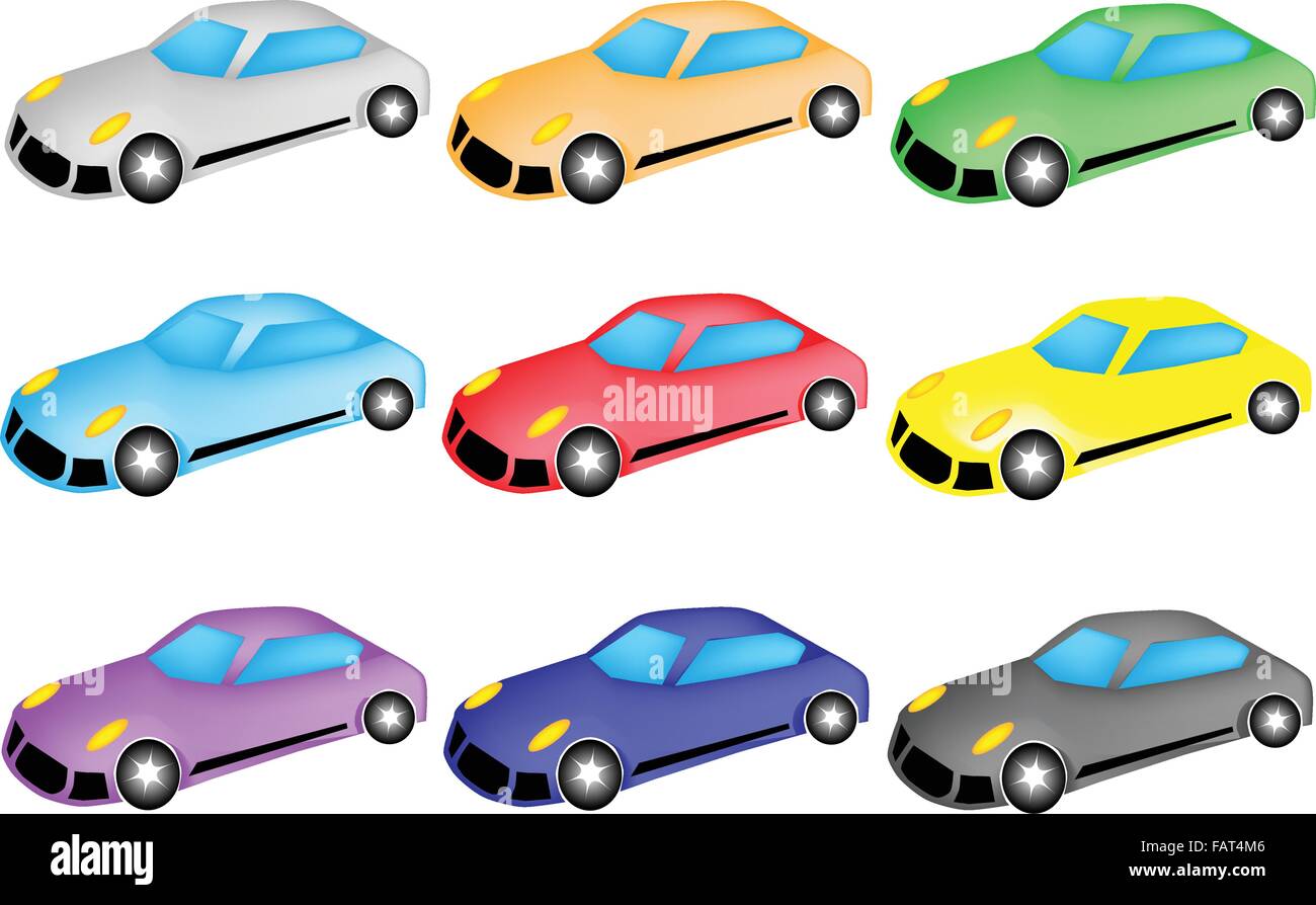 An Illustration Collection of Colorsful Sports Car Icon or Race Car Icon in Nine Assorted Colours Stock Vector