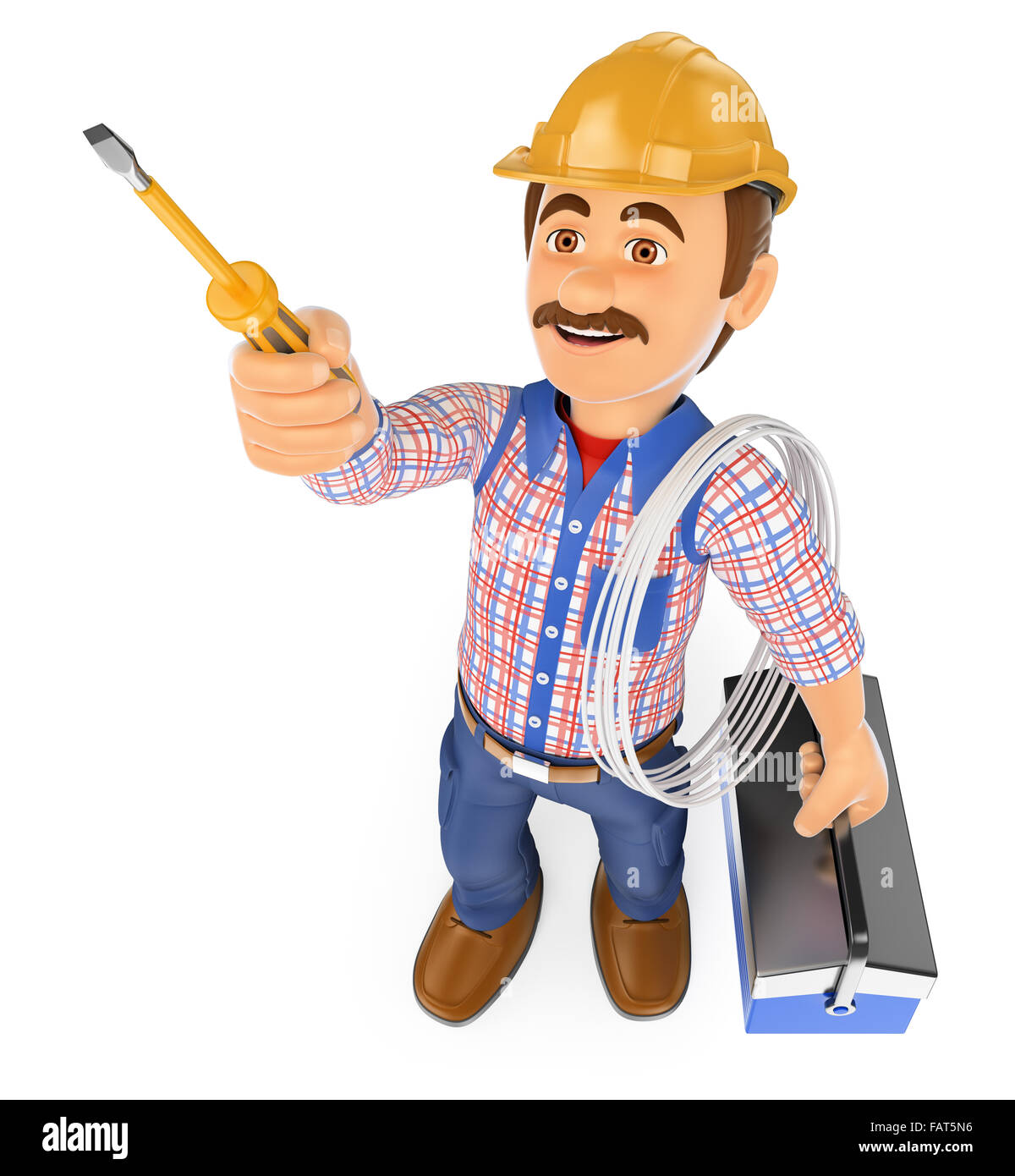 3d working people. Electrician with a screwdriver and toolbox. Isolated white background. Stock Photo