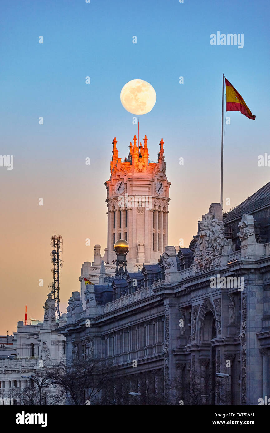 Detail of the Bank of Spain facade and the city hall at Cibeles square. Madrid. Spain Stock Photo