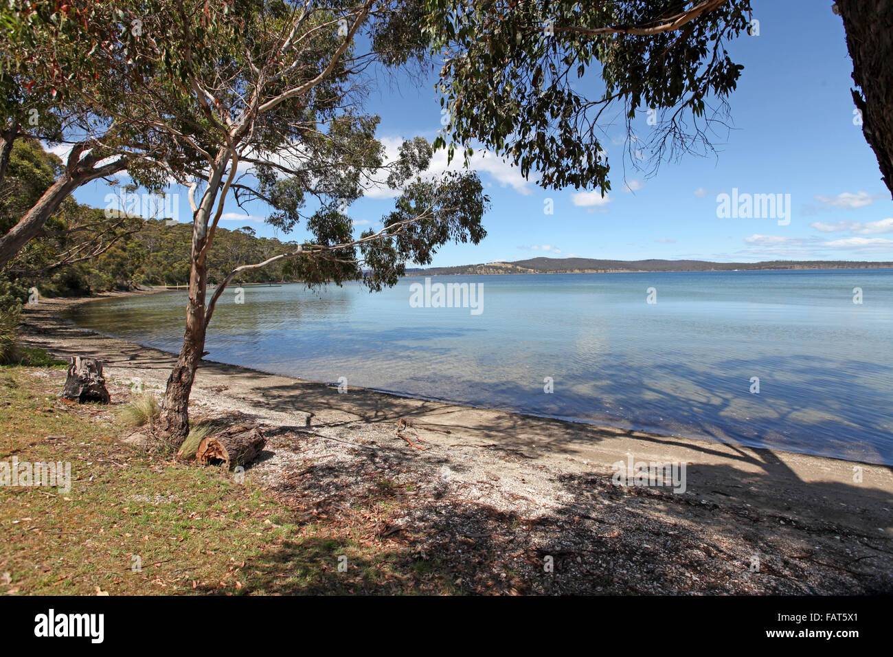 A shallow bay and beach of Oyster shells on the Tasmanian coast just outside the settlement of Kettering Stock Photo