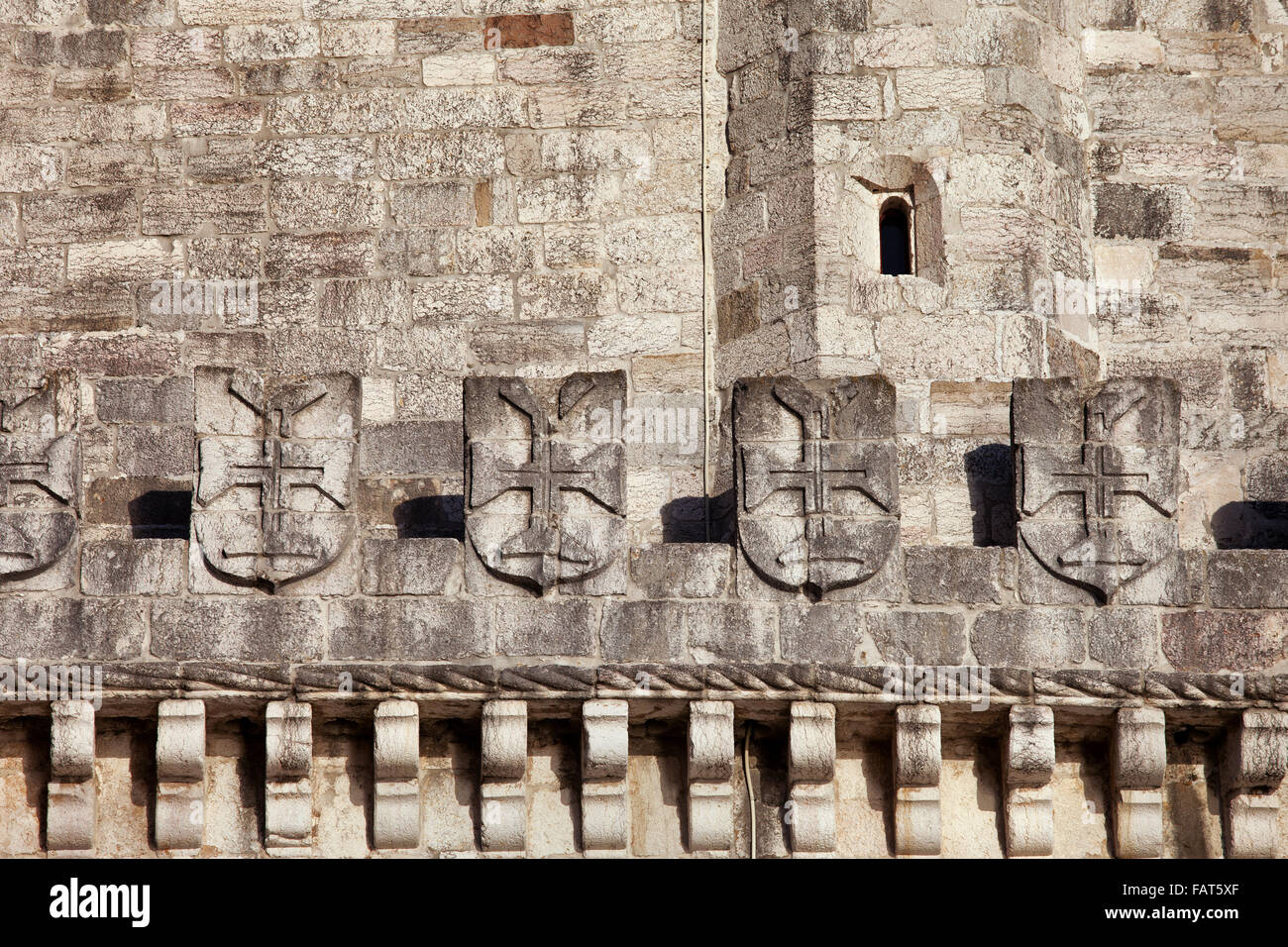 Portugal, Lisbon, Belem Tower battlement with crosses of the Order of Christ - former Order of Knights Templar Stock Photo