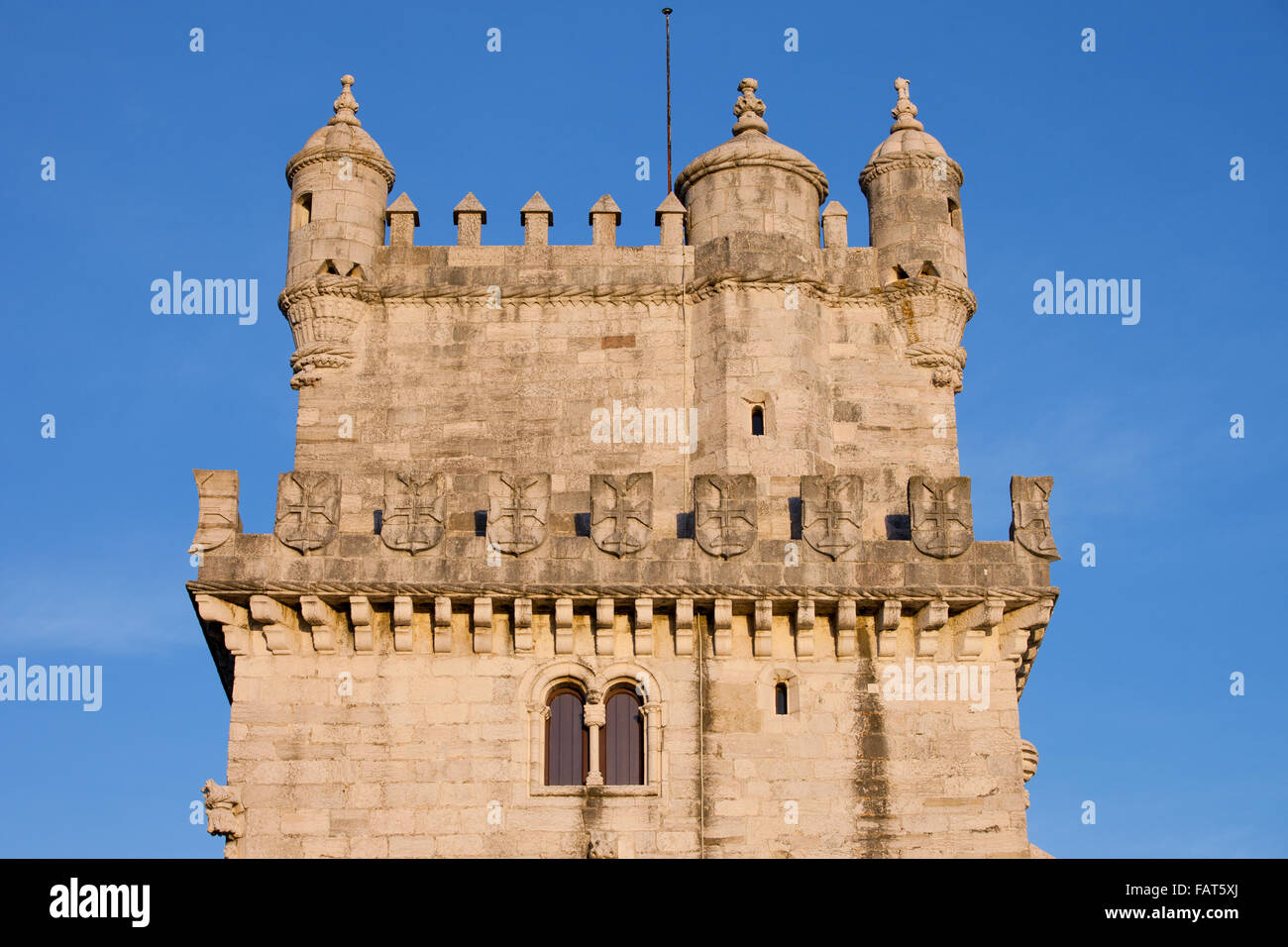 Belem Tower (Torre de Belem) fortification, battlement with bartizan turrets Stock Photo