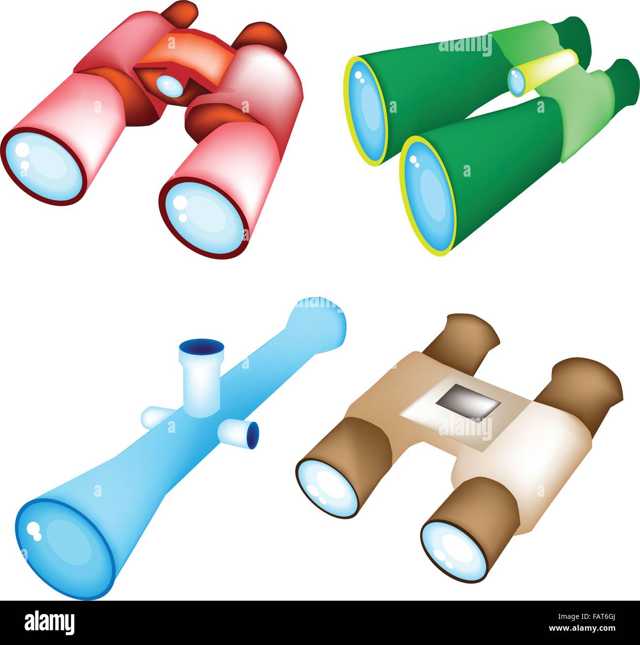 Optical instruments, Red, Green, Blue, and Brown Color of Binoculars Isolated on White Background Stock Vector