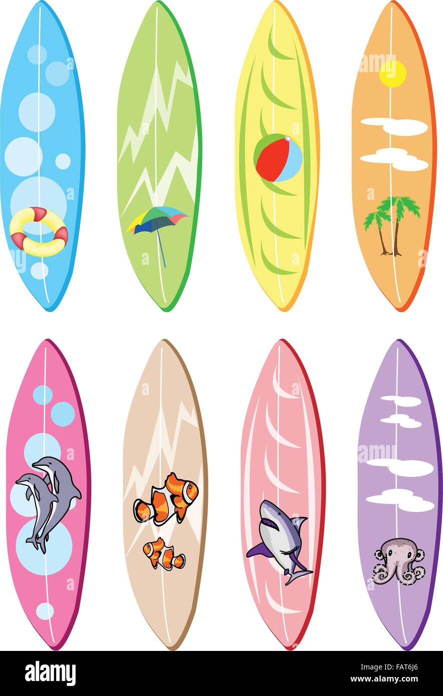 An Illustration Collection of Surfboards with Eight Assorted Painting Designs Isolated on White Backgrounds Stock Vector