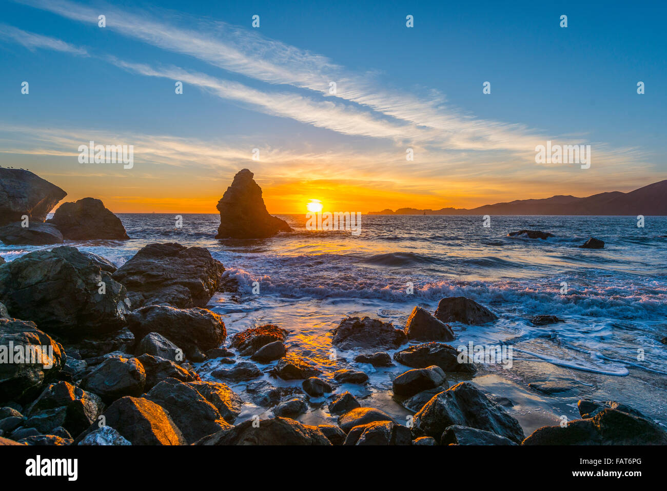 Sunset on Marshall's Beach, Rocky Coast, San Francisco, USA Stock Photo