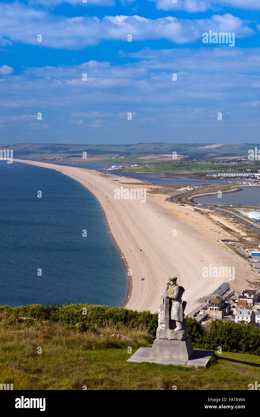 The 'Spirit of Portland' statue by Joanna Szuwalska above Chesil Beach and Portland Harbour, Dorset, England, UK Stock Photo