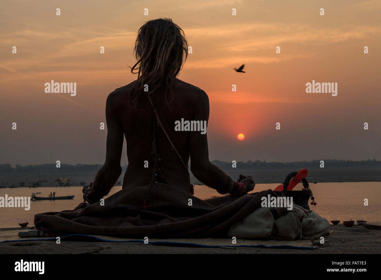 Aghori meditating, Ganga, Varanasi Stock Photo