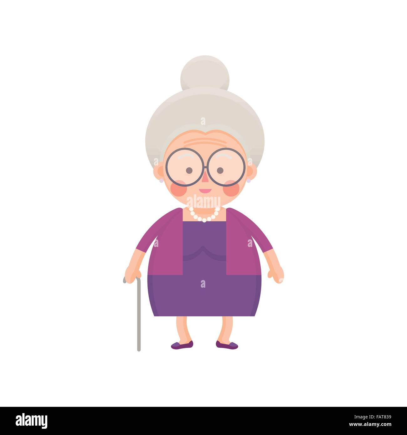 Vector Illustration of Old Woman in Purple Dress with Walking Stick Stock Vector