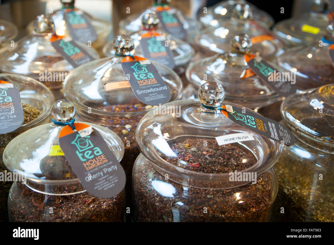 Glass jars with tea at Tea House Emporium in Bath, UK Stock Photo